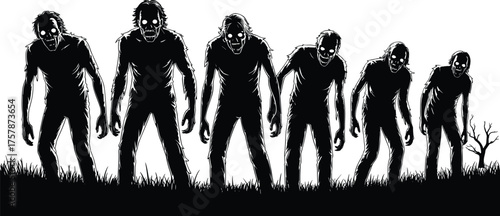 Zombie silhouettes on grass, horror illustration, undead figures with glowing eyes, apocalyptic design, scary night art, thriller concept, Halloween graphic