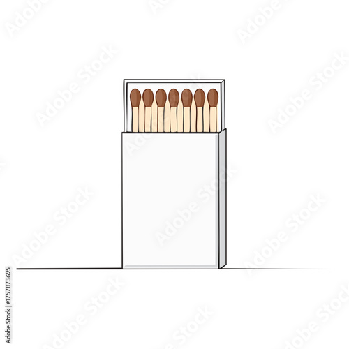 Matchbox with matches, minimalist line art drawing, isolated on white background.