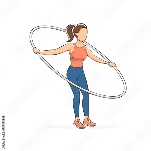 Woman holding hula hoop, cartoon illustration of fitness and exercise activities.