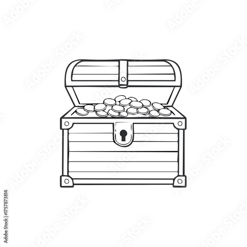 Outline illustration of an open wooden pirate chest filled with gold coins and treasure