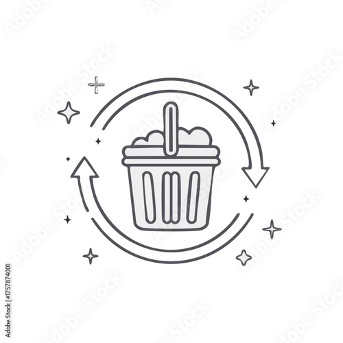 Shopping basket with circular arrows and sparkles representing shopping cycles or replenishment