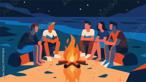 Illustration Of Group Of Friends Having A Bonfire On A Beach At Night, With Glowing Flames And Reflections On The Sand Vector Design Template