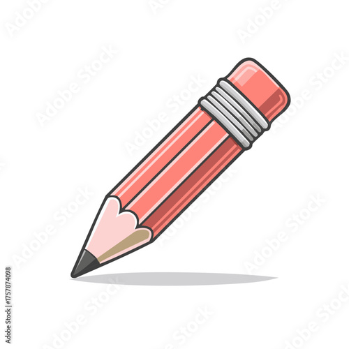 Classic red wooden pencil with sharp graphite tip and eraser in a cartoon vector style