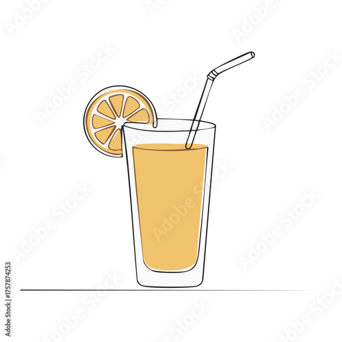 Minimalist line drawing of a glass of orange juice with a straw and fruit slice garnish