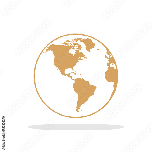 World globe icon with North and South America in a flat design illustration.