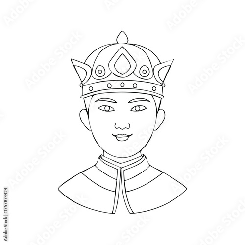 Line art illustration of a young prince or king wearing an ornate crown and regal outfit