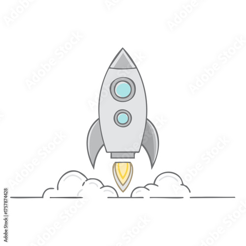 Simple cartoon rocket ship launching from the ground, a minimalist vector illustration for business startups