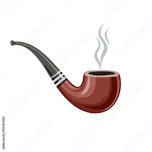 Elegant classic wooden tobacco pipe with dark stem and white bands releasing smoke