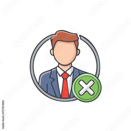 Male user profile icon with a green X mark for rejection or account denial