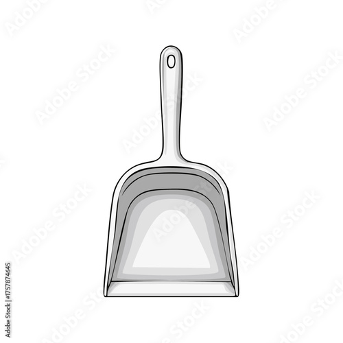 Hand drawn sketch illustration of a classic gray dustpan for household cleaning chores