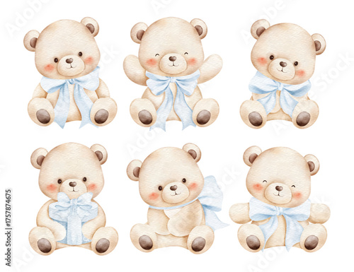 Watercolor Illustration Set of Bears with Blue Bow