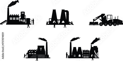 Industrial factory silhouette, manufacturing plant vector, smokestack illustration, construction machinery artwork, cooling tower design, heavy industry icons, worker labor scene
