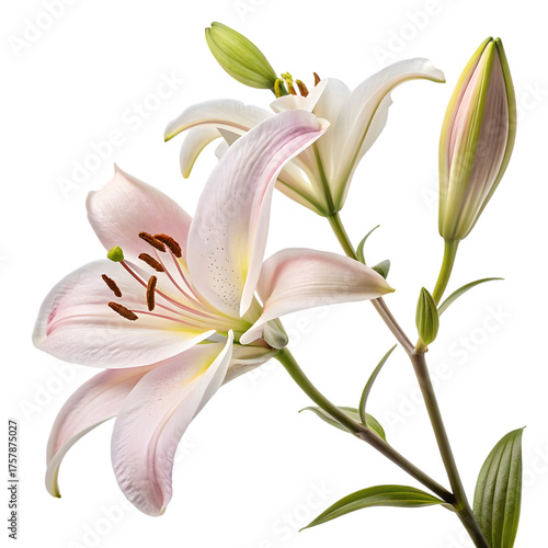 Soft Pink White Lily Flower Bloom with Green Buds Isolated on Pure White on transparent background