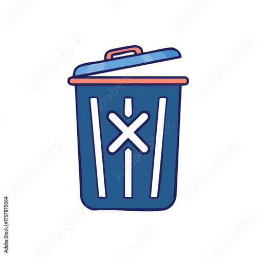 Blue refuse bin with open lid and a prominent X symbol signifying deletion or removal