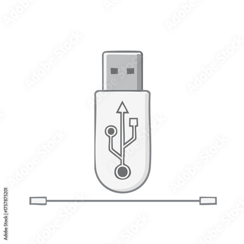 USB flash drive icon and connecting cable design element illustration