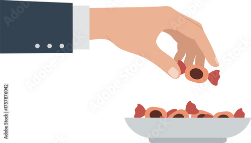 Hand Holding Chocolate Candy Over White Bowl Filled with Candies