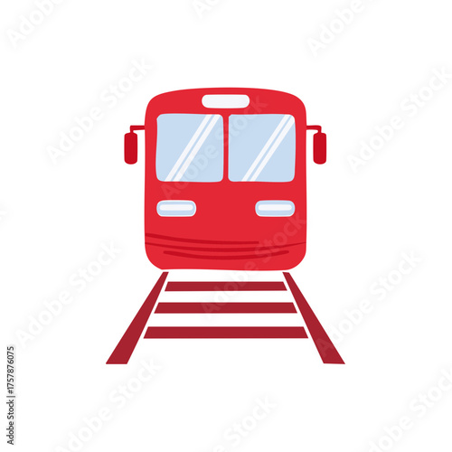 Red cartoon train on railroad tracks, front view, illustration for transportation and travel