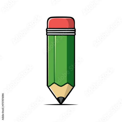 Vibrant green short pencil illustration with red eraser school stationery tool