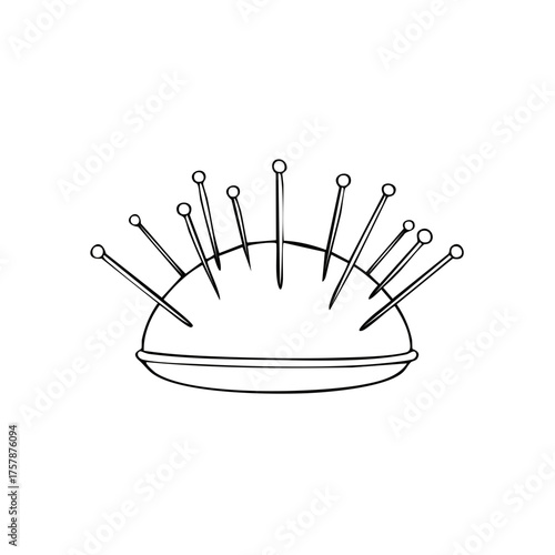 Sewing pin cushion with pins in a line art style