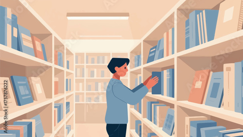 Illustration Of An Individual Carefully Selecting Books In A Cozy Bookstore Vector Design Template