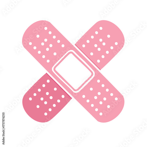 Crossed pink adhesive bandages, illustration of first aid for wounds and injuries, healthcare.