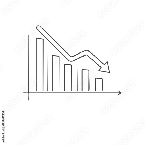 Hand drawn bar chart illustrating financial decline economic downturn and business loss with a downward arrow trend sketch