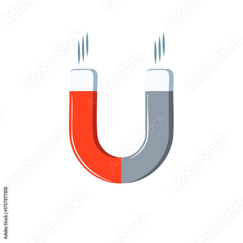 Red and gray horseshoe magnet with magnetic field lines attracting, conceptual vector