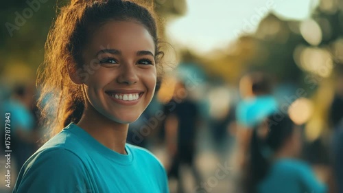Happy Young Woman in Blue T-Shirt Smiling at Camera During Outdoor Event