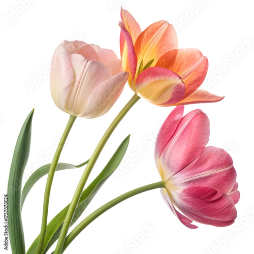 Vibrant Pink and Orange Tulips with Green Stems on White Background on transparent background