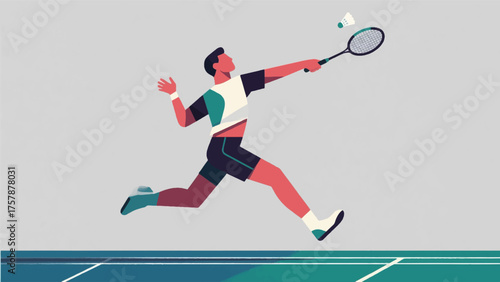 Illustration Of Badminton Player Jumping To Smash A Shuttlecock, With Racket And Dynamic Pose Vector Design Template