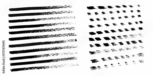 Collection of black and white textured brush stroke lines and dots on a white background