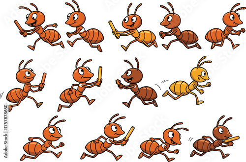 Cartoon ants running in relay race, colorful insect characters, teamwork and motion concept, playful sports illustration, white background, animated design
