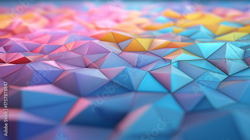 Colorful low poly background with a shallow depth of field, creating a soft and blurred abstract landscape
