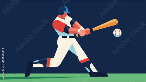 Illustration Of Baseball Player Hitting A Ball, With The Bat Connecting And The Ball Flying Vector Design Template