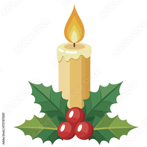 Vector illustration of a burning Christmas candle with a small flame, decorated with holly leaves, flat style