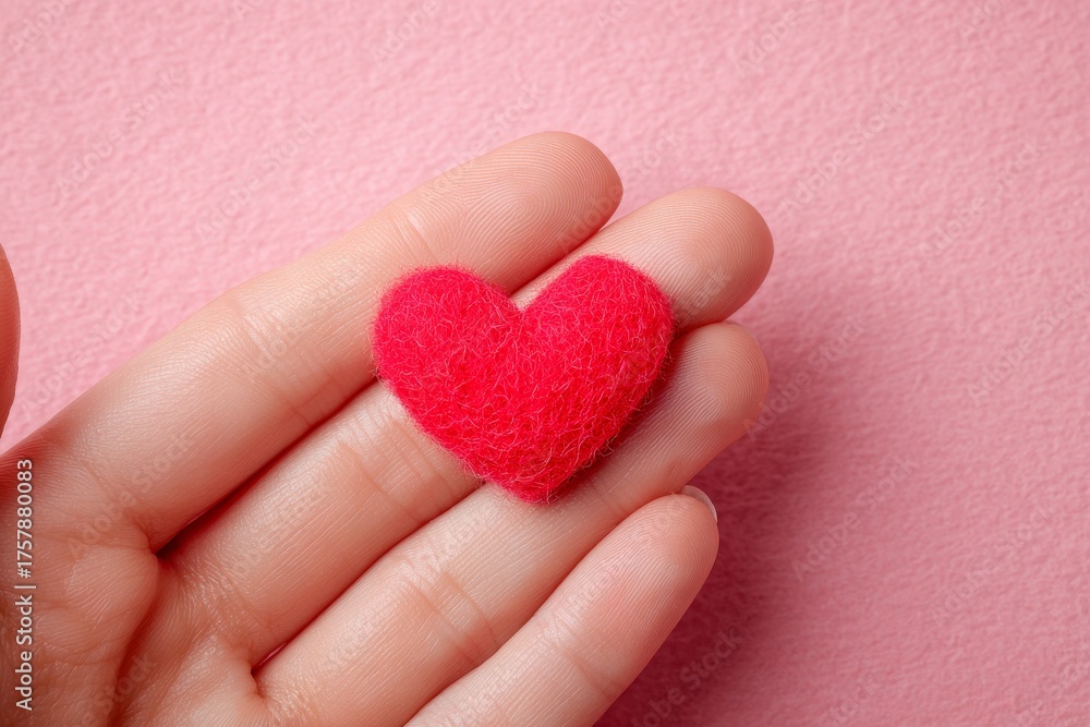 Fototapeta premium A delicate, red felt heart rests gently in a hand against a soft pink backdrop.