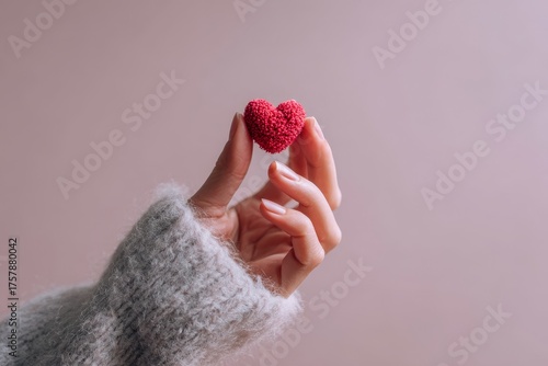 A delicate red heart rests gently in a hand, cradled by a soft gray knit sweater against a muted mauve backdrop.