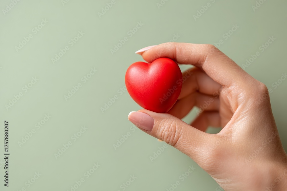 Obraz premium A delicate red heart held gently in a hand against a soft sage-green backdrop.