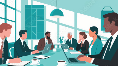 Illustration Of Business Meeting Taking Place At A Chic Cafe, With Laptops, Notebooks, And Elegant Coffee Cups Vector Design Template