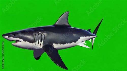 Great white shark swimming against a bright green screen background in side profile view green screen animal video
