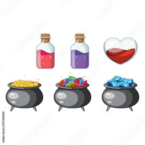 Magical Potion Bottles, Heart, and Cauldrons A Colorful Set of Fantasy Icons
