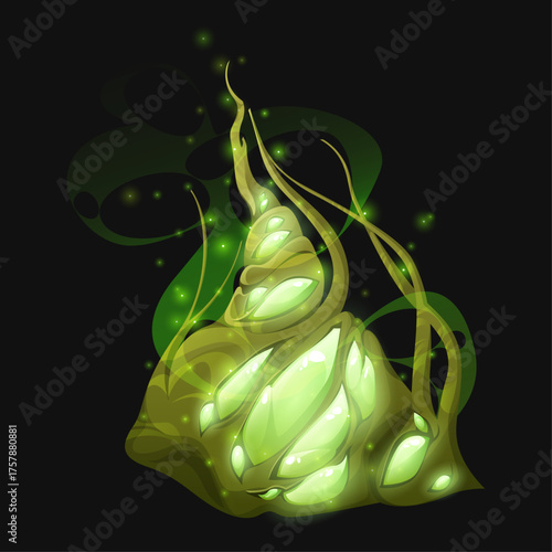 Glowing Green Crystal Cluster with Organic Outgrowth, Healing Power Illustration
