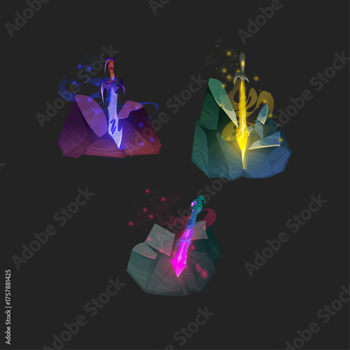 Collection of three glowing magical fantasy swords stuck in stones on a dark background concept
