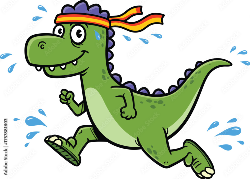 Obraz premium Cartoon green dinosaur running with striped headband, cheerful expression, sweat droplets, fitness theme, animated character, white background, fun illustration