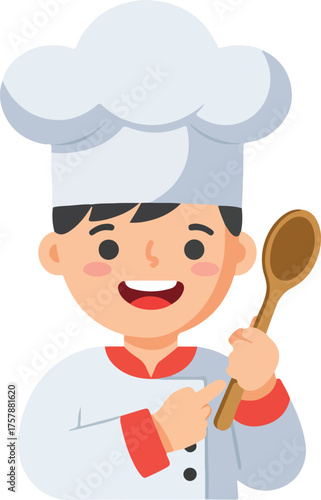 Smiling cartoon chef in uniform holds a wooden spoon happily. Perfect for food blogs, restaurant menus, cooking classes promotion, and culinary websites.
