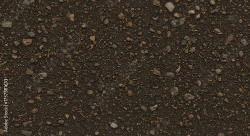 A closeup of brown compacted soil Embedded are small rocks twigs and organic debris The surface is textured