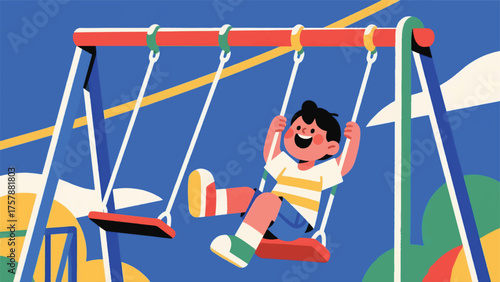Illustration Of Child Joyfully Swinging On A Swing Set In A Playground, With Bright Colors And A Blue Sky Vector Design Template