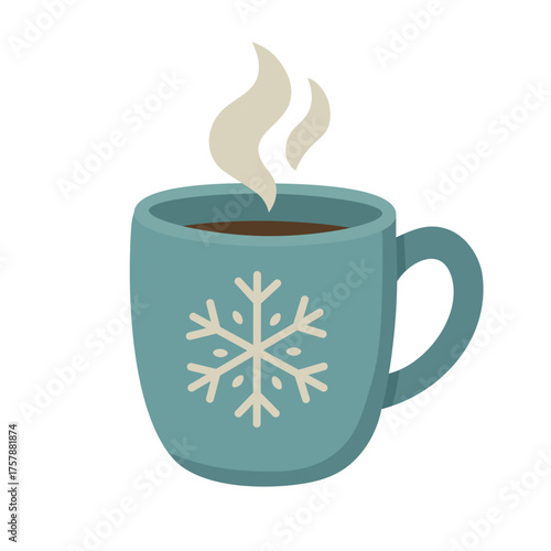 Blue mug with steaming hot drink and snowflake design in cozy flat winter style.