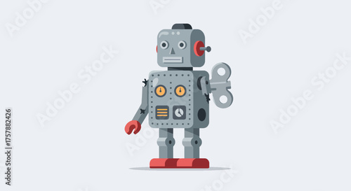 Cute Vintage Style Gray Robot Toy with Red Feet and Wrench in Hand for Kids and Collectors