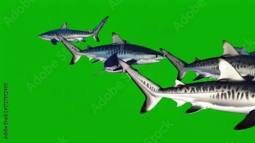 A group of sharks swimming together on a green screen background in a cartoon style image green screen animal video